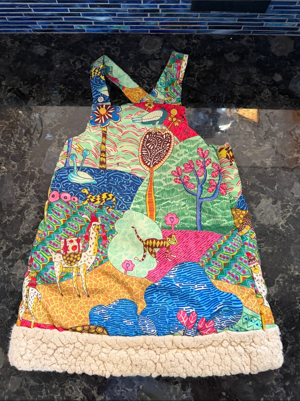 Colorful Oilily Animal Print Kids Pinafore Dress with Faux Sherpa Trim